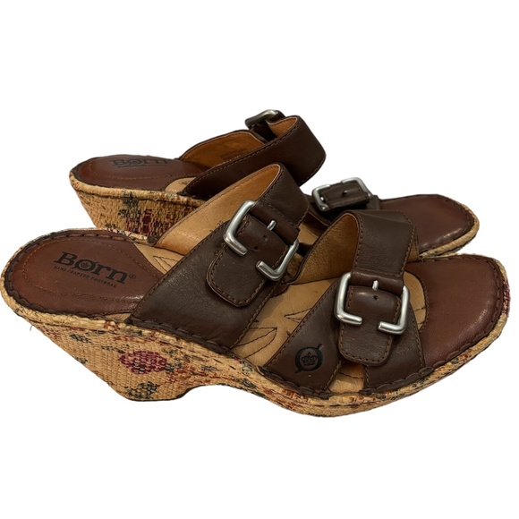 Born Floral Wedge Slide Sandals in Brown Leather Size 8 (39) - Picture 1 of 9